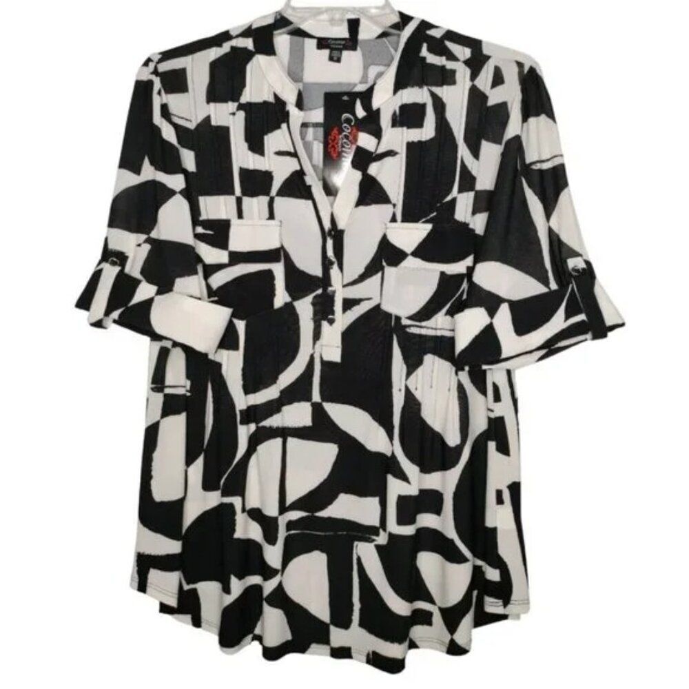Cocomo Cocomo Plus Size 2X Black & Ivory Geo Print Pintuck 3/4 Sleeve Top